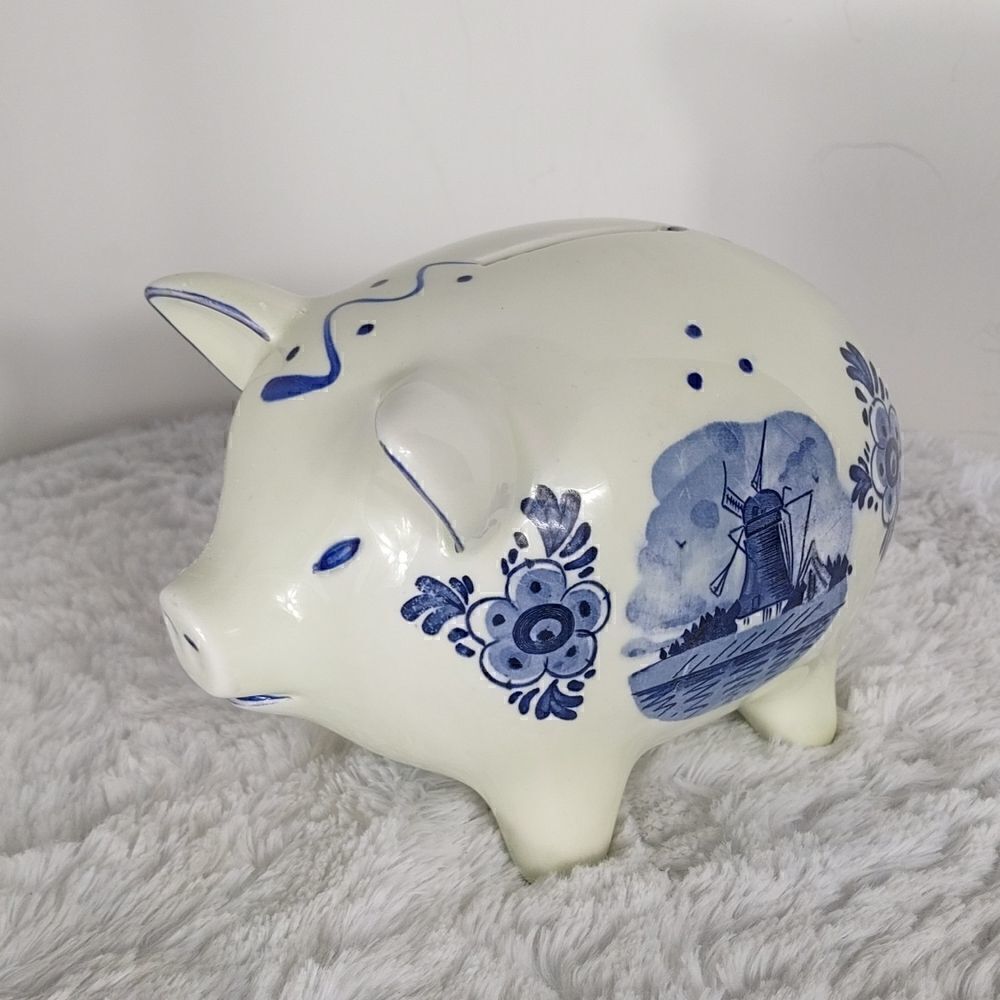 Vtg. Delft Blue Windmill Floral Piggy Bank